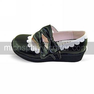 Handmade Black PU Leather 5cm Wedge Shiro&Kuro Lolita Shoes with Bow