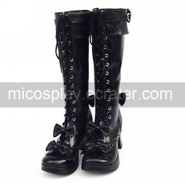 Handmade Black PU Leather 7.5cm High Heel Sweet Lolita Boots
