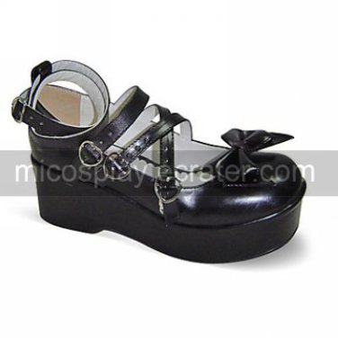 Handmade Black PU Leather 7cm Wedge Classic Lolita Shoes with Bow
