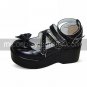 Handmade Black PU Leather 7cm Wedge Classic Lolita Shoes with Bow