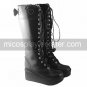 Handmade Black PU Leather 7cm Wedge Country Lolita Boots