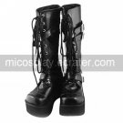 Handmade Black PU Leather 7cm Wedge Punk Lolita Boots with Cross Belt