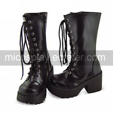 Handmade Black PU Leather 8cm High Heel Punk Lolita Boots  1