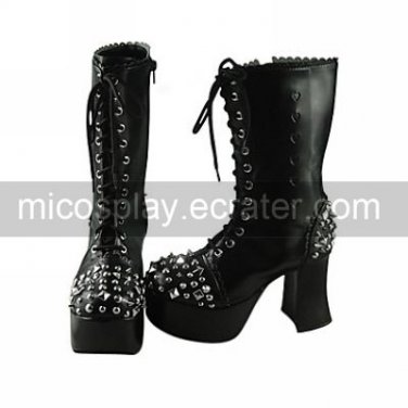 Handmade Black PU Leather 9cm High Heel Classic Lolita Boots  1