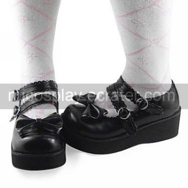 Handmade Black PU Leather Wavy Edge Belt 6cm Wedge Sweet Lolita Shoes