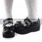 Handmade Black PU Leather Wavy Edge Belt 6cm Wedge Sweet Lolita Shoes