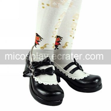 Handmade Black PU Leather White Trim 4.5cm High Heel Lolita Shoes with Bow