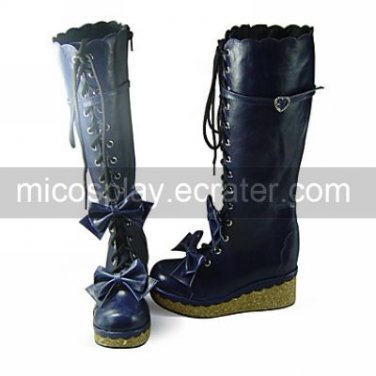 Handmade Blue 7cm Wedge Country Lolita Boots with Bow