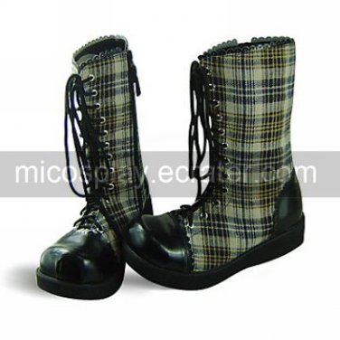 Handmade Blue and White Check Pattern PU Leather 4cm Platform School Lolita Boots