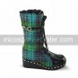 Handmade Blue Check Pattern PU Leather 7cm Wedge School Lolita Boots