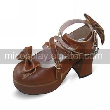 Handmade Brown PU Leather 7.5cm High Heel Country Lolita Shoes with Bow 1