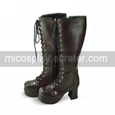 Handmade Coffee PU Leather 7.5cm High Heel Classic Lolita Boots