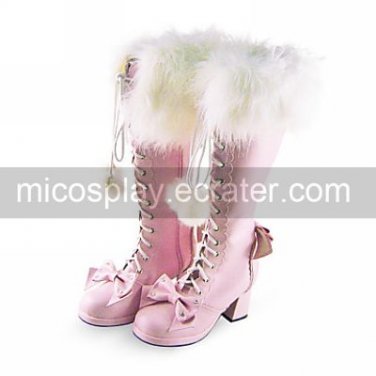Handmade Cute Pink PU Leather Faxu Fur 6.3cm High Heel Doll's Lolita Boots