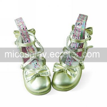Handmade Golden PU Leather Flat Princess Lolita Shoes with Pearls