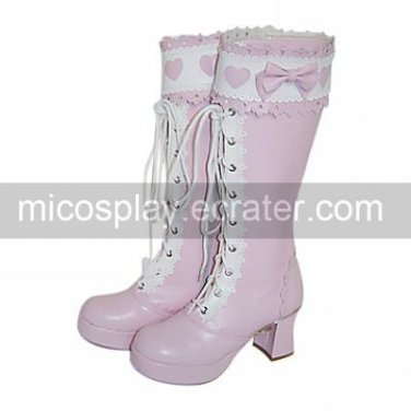 Handmade Pink and White PU Leather 7.5cm High Heel Princess Lolita Boots