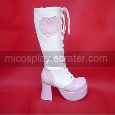 Handmade Pink and White PU Leather 9cm High Heel Sweet Lolita Boots with Heart Pattern