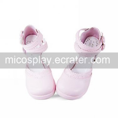 Handmade Pink PU Leather 4.5cm High Heel Sweet Lolita Shoes with Handmade Double Belts
