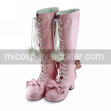 Handmade Pink PU Leather 6.3cm High Heel Princess Lolita Boots with Pom-pom