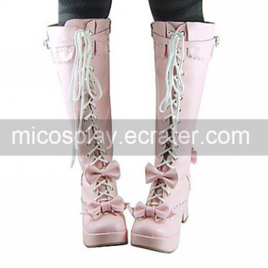 Handmade Pink PU Leather 7.5cm High Heel Sweet Lolita Boots
