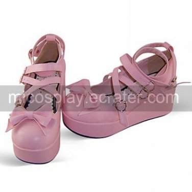 Handmade Pink PU Leather 7cm Wedge Sweet Lolita Shoes with Bow