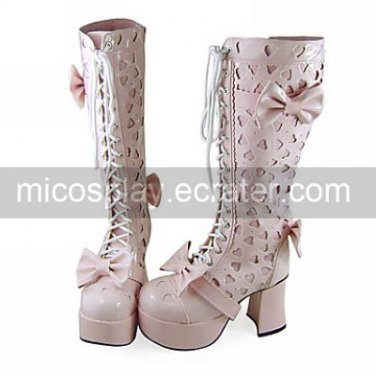 Handmade Pink PU Leather 9cm Chunky Heel Lace-up Sweet Lolita Boots