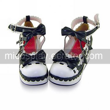 Handmade PU Leather 7cm Wedge Shiro&Kuro Lolita with Bow