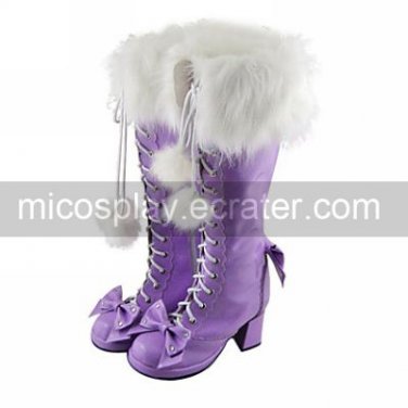 Handmade Purple PU Leather Faux Fur 7cm High Heel Sweet Lolita Boots