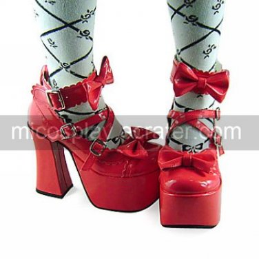 Handmade Red PU Leather 12cm High Heel Sweet Lolita Shoes with Bow