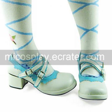 Handmade White and Blue PU Leather 4.5cm High Heel Country Lolita Shoes