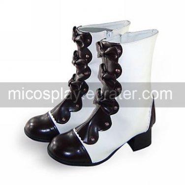 Handmade White and Brown PU Leather 4.5cm High Heel Princess Lolita Boots with Bow