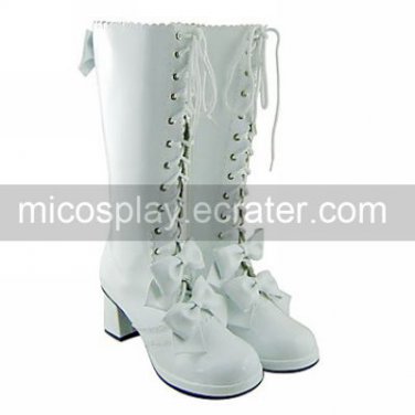 Handmade White High Gloss PU Leather 6.3cm High Heel Sweet Lolita Boots with Bow
