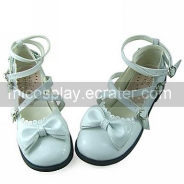 Handmade White PU Leather 2cm Flat Sweet Lolita Shoes with Bow with Bow