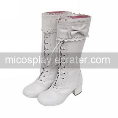 Handmade White PU Leather 4.5cm High Heel Country Lolita Boots with Bow