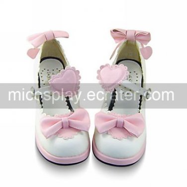 Handmade White PU Leather 4.5cm High Heel Princess Lolita Shoes with Bow