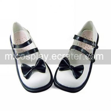Handmade White PU Leather 4cm High Heel Black Bow Sweet Lolita Shoes