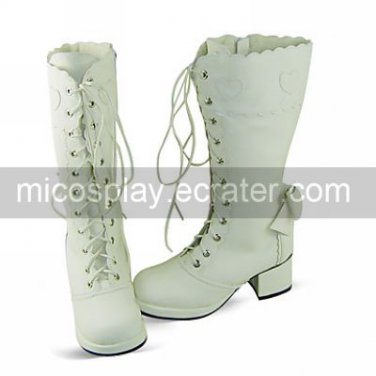 Handmade White PU Leather 6.3cm High Heel School Lolita Boots