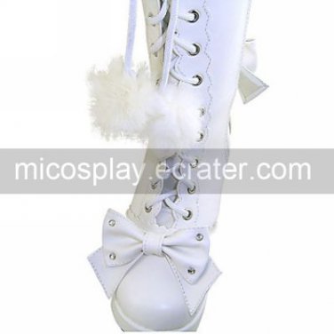 Handmade White PU Leather 7.5cm High Heel Country Lolita Boots with Pom-pom