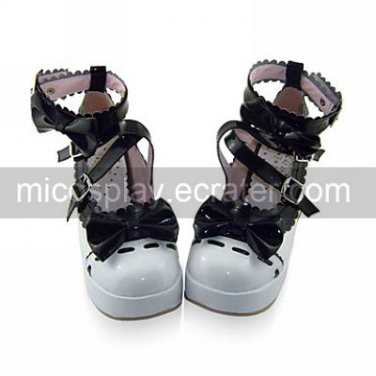 Handmade White PU Leather 7.5cm High Heel Shiro&Kuro Lolita Shoes with Bow