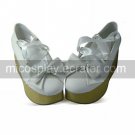 Handmade White PU Leather 7cm Wedge Princess Lolita Shoes with Ribbon