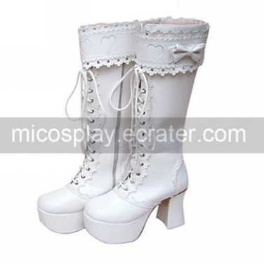 Handmade White PU Leather 9cm High Heel Classic Lolita Boots with Bow