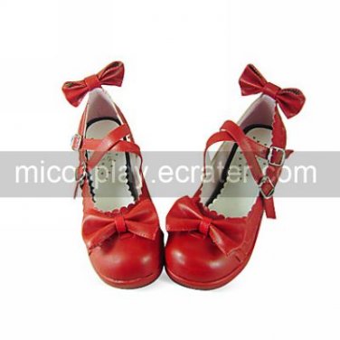 Handmade Wine Red PU Leather 5cm Wedge Sweet Lolita Shoes with Bow