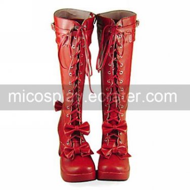 Handmade Wine Red PU Leather 7.5cm High Heel Sweet Lolita Boots with Bow