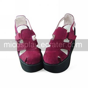 Handmade Wine Red PU Leather 9cm Wedge Hollowed Classic Lolita Sandals