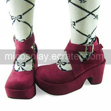 Handmade Wine Red PU Leather Cross Belt 8cm High Heel Classic Lolita Shoes