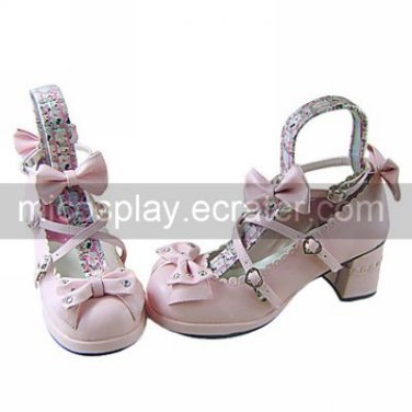 Pink PU Leather 4.5cm High Heel Sweet Lolita Shoes with Diamond Studed Bow