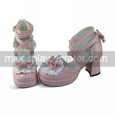 Pink PU Leather 7.5cm High Heel White Trimming Lace Sweet Lolita Shoes with Bow