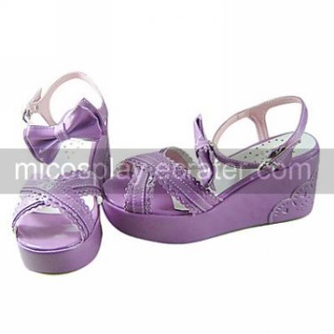 Purple PU Leather 8cm Wedge Sweet Lolita Sandals with Bow