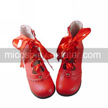 Red PU Leather Flat Sweet Lolita Boots with Ribbon