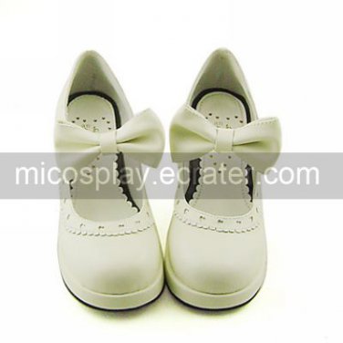White PU Leather 4.5cm High Heel Princess Lolita Sandals with Lovely Bow