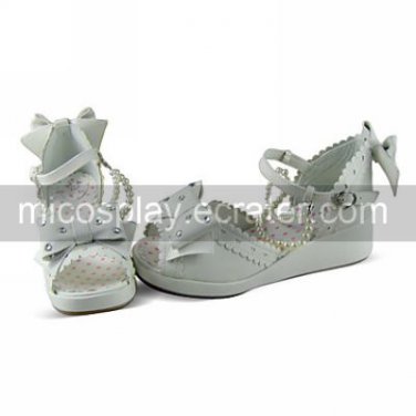 White PU Leather 5cm Wedge Sweet Sandals with Pearl and Bow